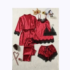 SHEIN Red and Black Lace Trim Sleepwear Set, Sizr S